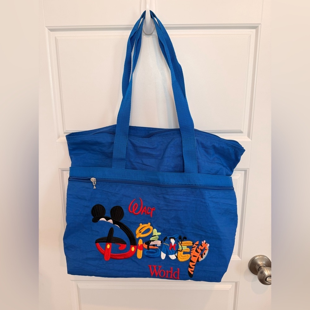 Walt Disney World Blue Tote Bag Mickey & Friends Embroidered Logo Zipper Travel